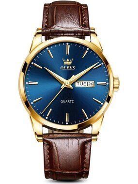 Men's Blue Dial Quartz Leather Brown Buckle Waterproof Luminous Round Watch